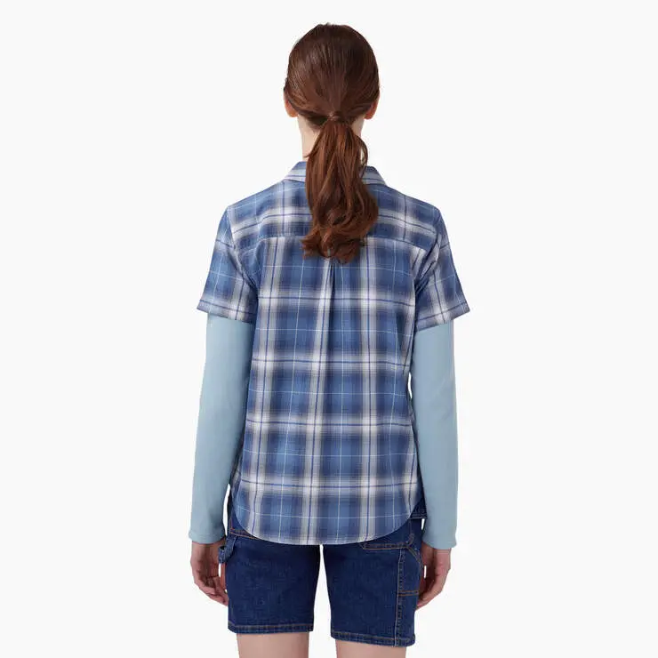 Women's Plaid Woven Shirt - Blue Herringbone Plaid 2