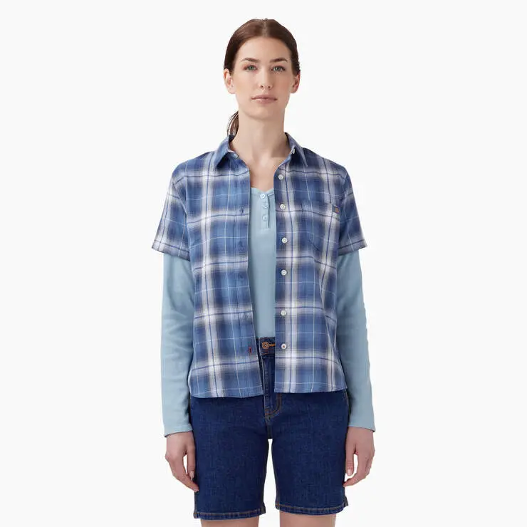 Women's Plaid Woven Shirt - Blue Herringbone Plaid 1