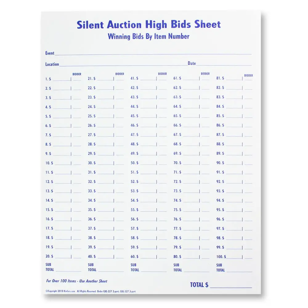 High Bids Sheet, 2 Or 3-Part (10/Pack)| Style| 2-Part Ncr 1