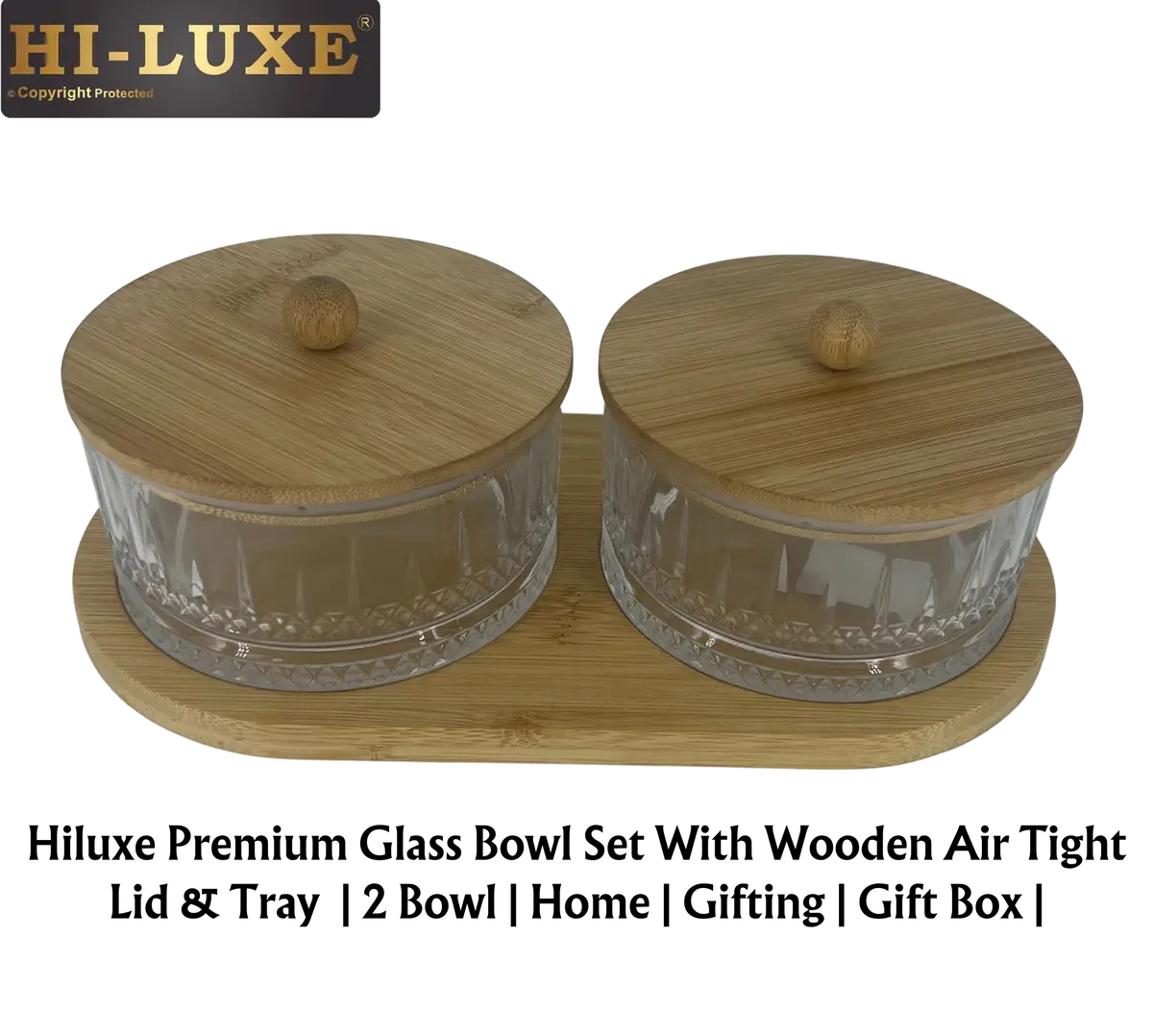 Hiluxe Premium Glass Bowl Set | Dry Fruit | With Wooden Lid & Tray | Home | Gifting | Gift Box | 1