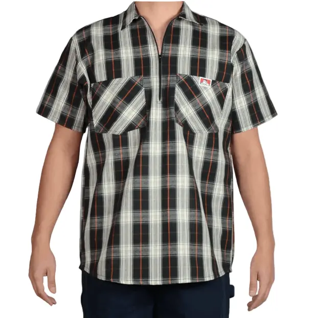 1/2 Zipper Short Sleeve Plaid - Black & Cream 1