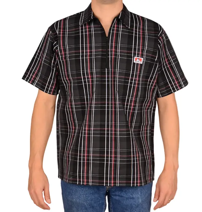 1/2 Zipper Short Sleeve Plaid - Black/Red 1