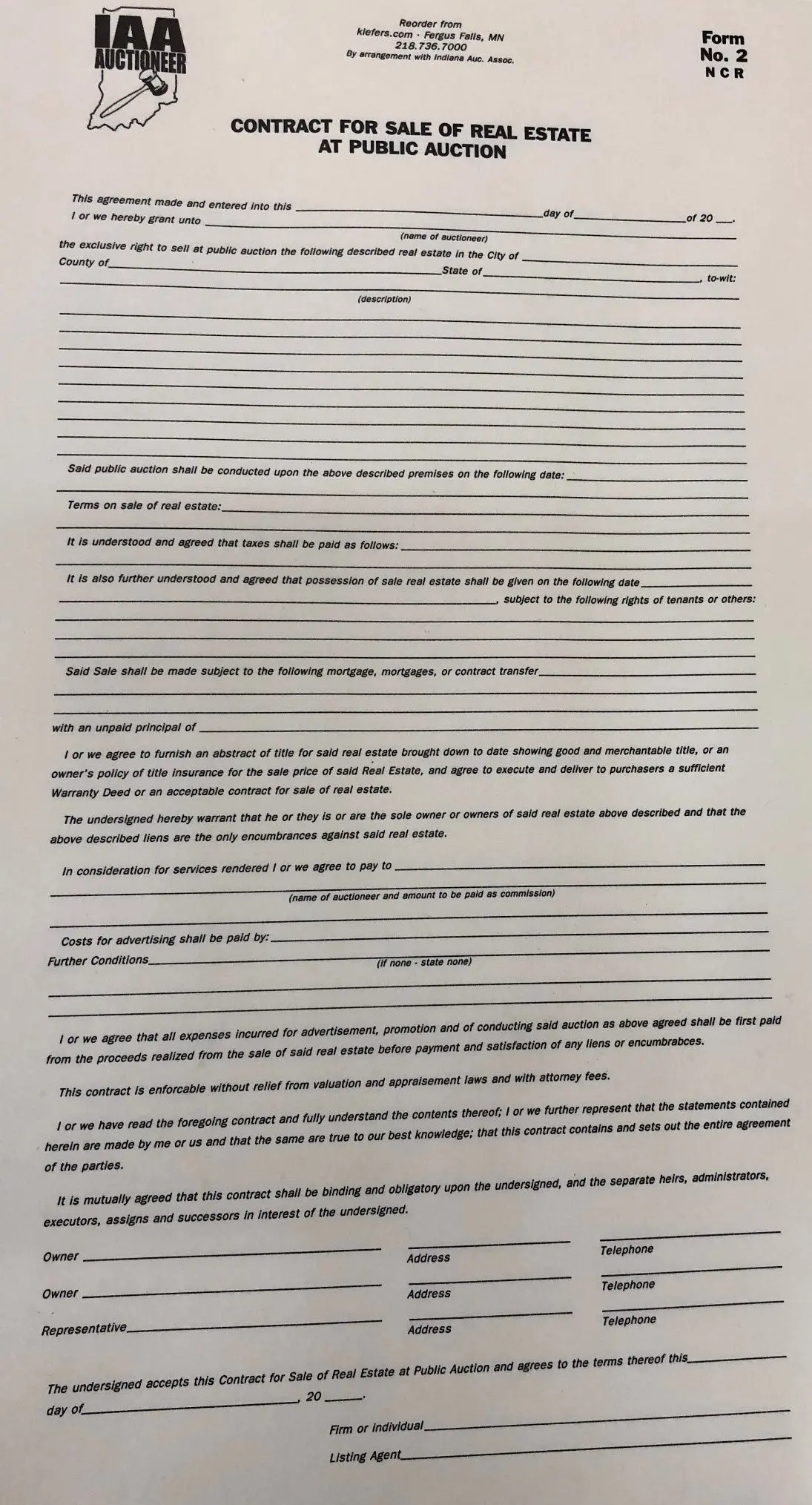 Indiana 2-Part Real Estate Contract (50/Set) - Form #2 1