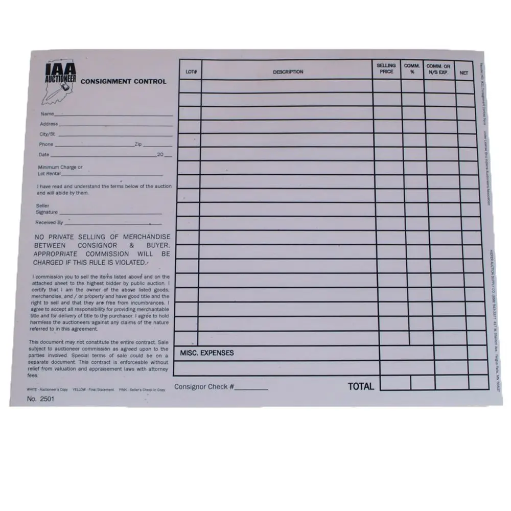 Indiana 3-Pt Consignment Control (100/Set) Form #21 1