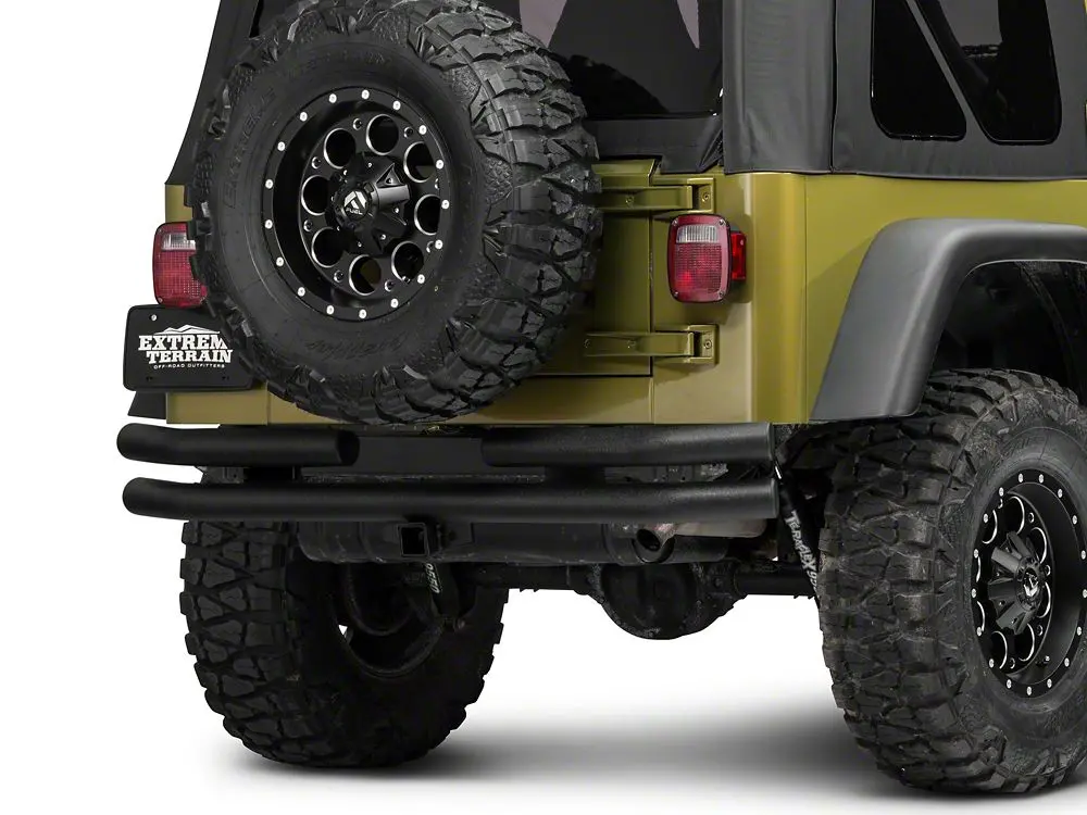 Barricade Double Tubular Rear Bumper with Receiver Hitch – Textured Black, Fits CJ, YJ & TJ (1976–2006)