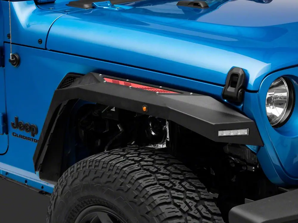 Barricade X-Series Front Fender Flares with Integrated LED DRLs and Side Marker Lights – Red Accent Inserts (2020–2025 Jeep Gladiator JT)