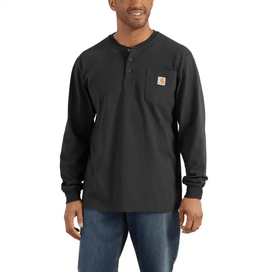 K128 - Loose Fit Heavyweight Long-Sleeve Pocket Henley T-Shirt - Black 1