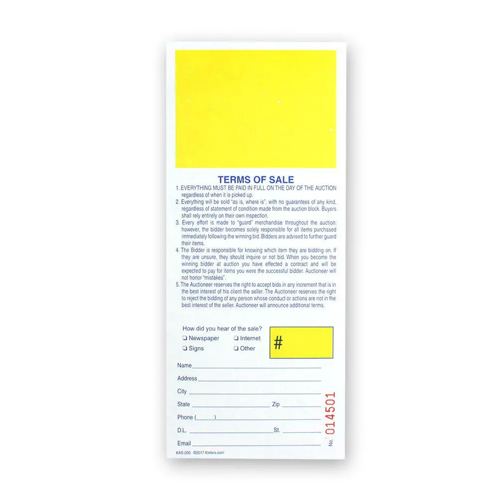 Registration Stub Bid Cards (500/Pack) Yellow Square 1