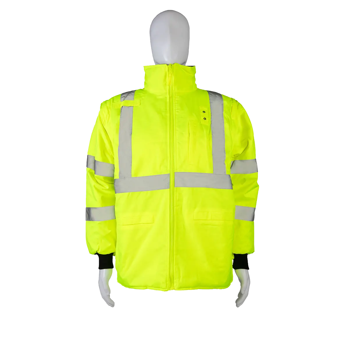 Lbrvqjv-C3 Ansi Class 3 Lime/Black Reversible Waterproof 4-In-1 Quilted Thermal Jacket With Detachable Sleeves 1