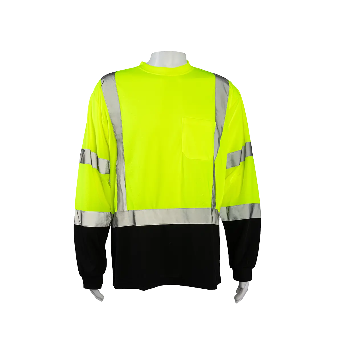 Lbtsl3  Ansi Class 3 High-Vis Lime/Black-Bottom Birdseye Mesh Long Sleeve Pocket T-Shirt 1
