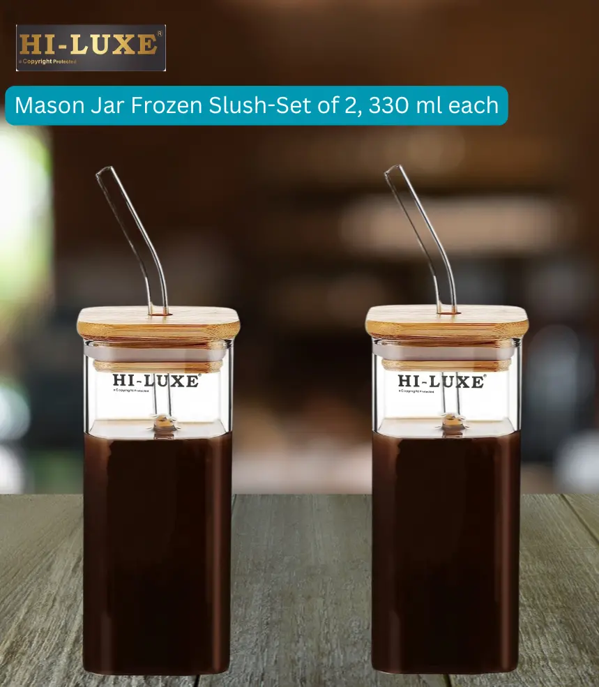 Hiluxe Square Glass Mason Jars With Glass Straw And Airtight Wooden Lids For Juice, Iced Tea, Smoothie, Cold Coffee | Feather Light Borosilicate Glass | Set 0F 2 1