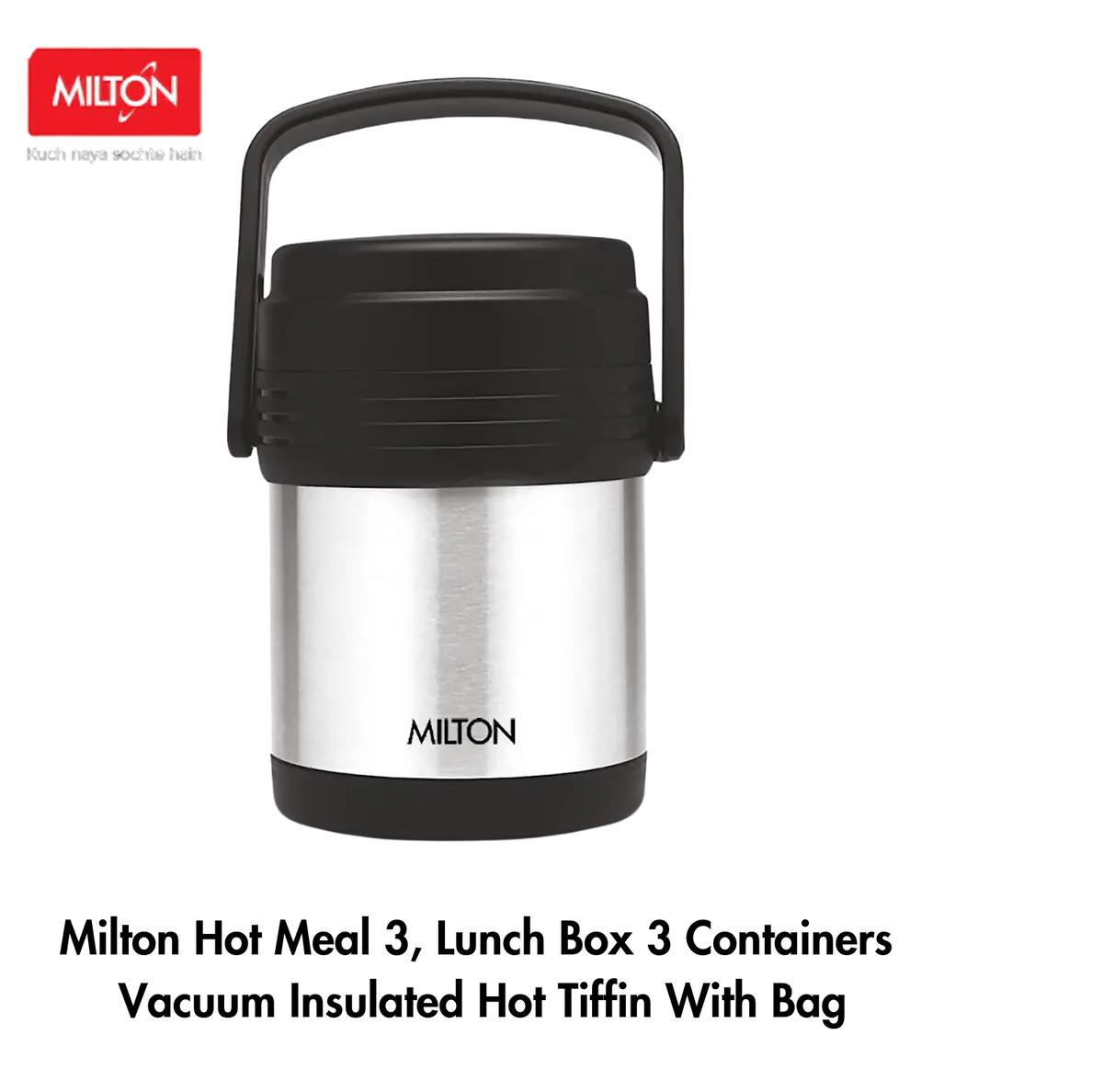 Milton Thermosteel Hot Meal 3 Lunch Box 3 Containers | Vacuum Insulated Hot Tiffin | With Bag | Silver 1