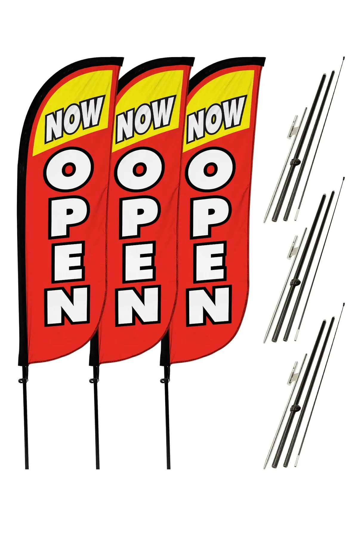 Now Open Feather Flag - 3 Pack W/ Ground Spike Pole Set 1