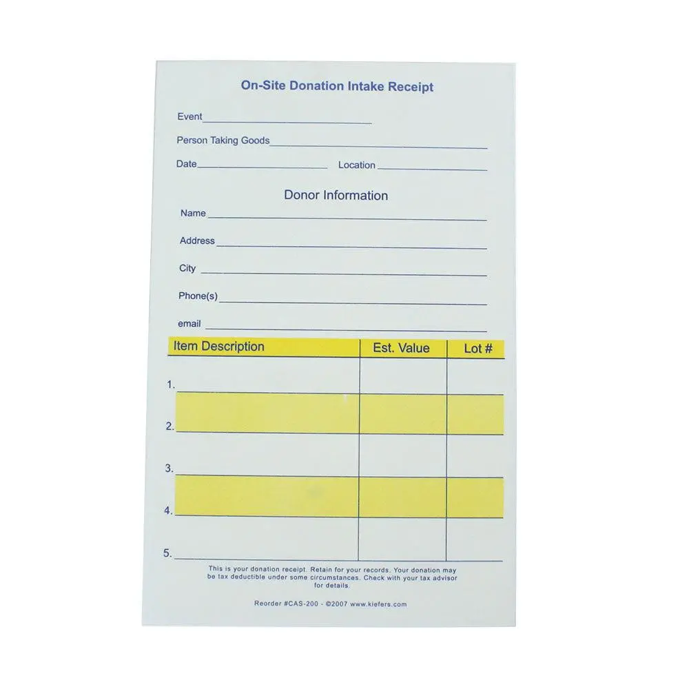 On-Site Numbered Donation Intake Receipts 2 Or 3 Part (25/Pack)| Style| 2-Part Ncr - $5.65 1