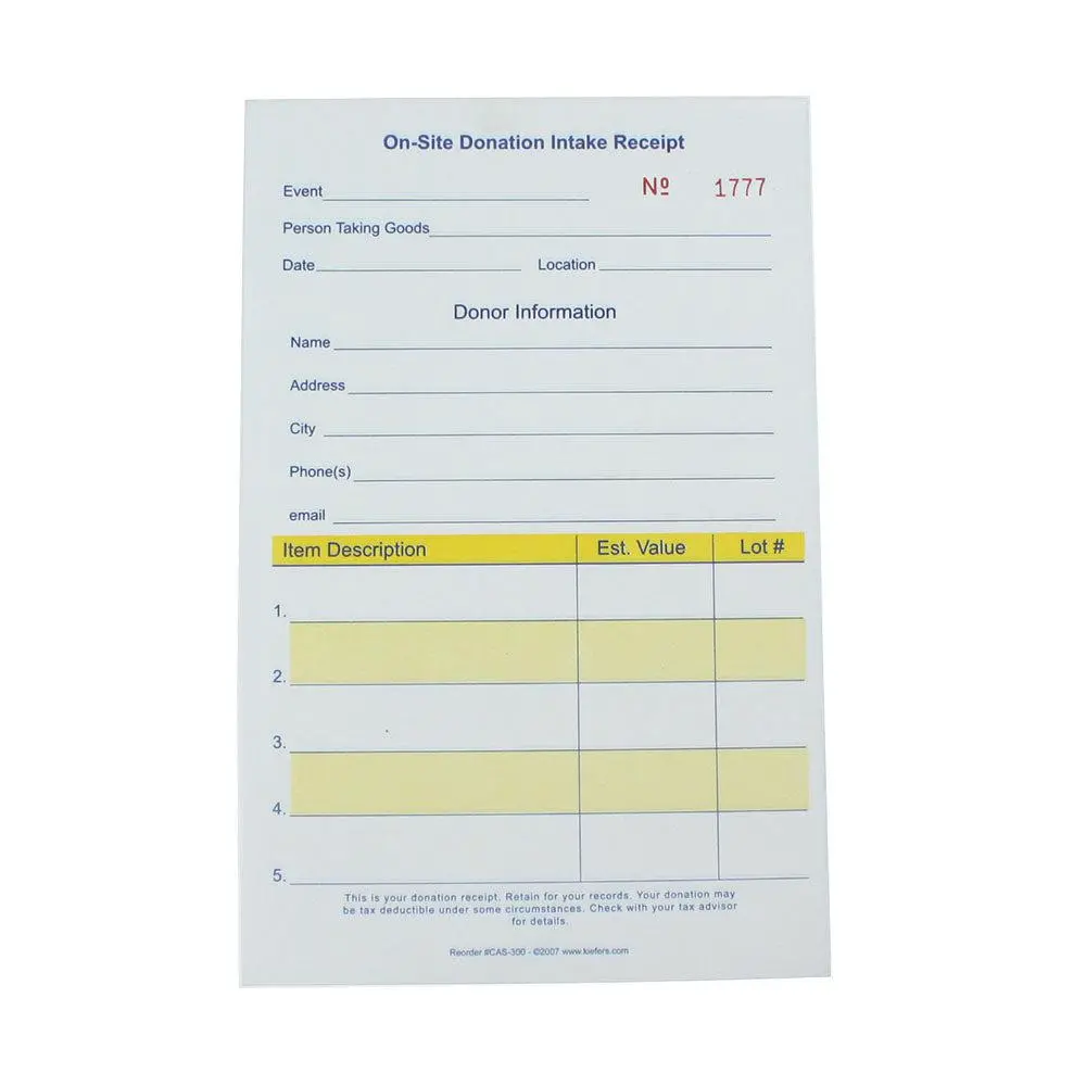 On-Site Numbered Donation Intake Receipts 2 Or 3 Part (25/Pack)| Style| 3 Part Ncr - $8.25 1