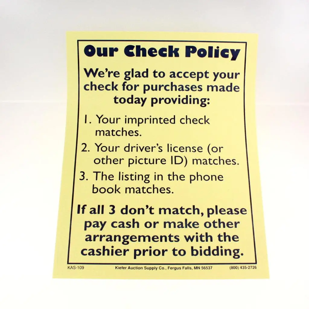 "Our Check Policy" - 12" X 18" Laminated Sign 1