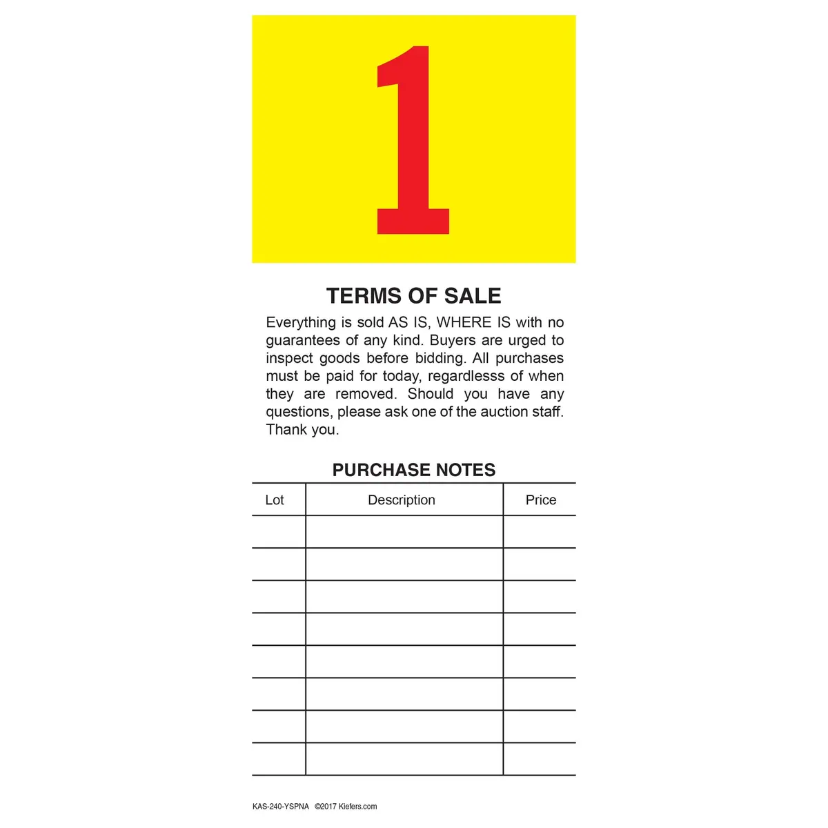 Pre-Numbered Stock Bid Cards W/ Purchase Notes (500/Pack) Red # W/ Yellow Square / Black Ink 1