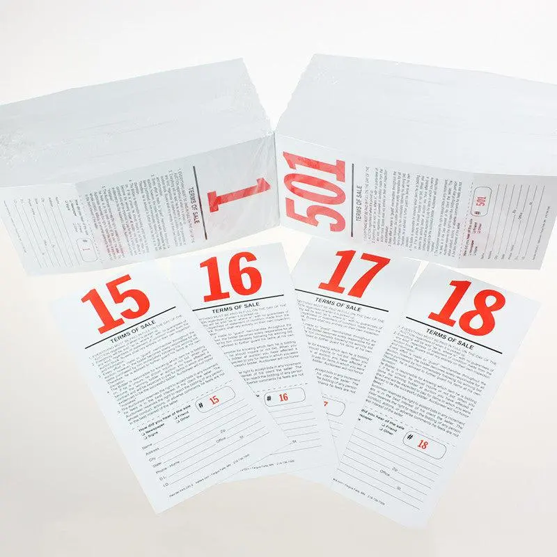 Pre-Numbered Stock Bid Cards W/ Registration Stub (500/Pack) Red #/Black Ink 1