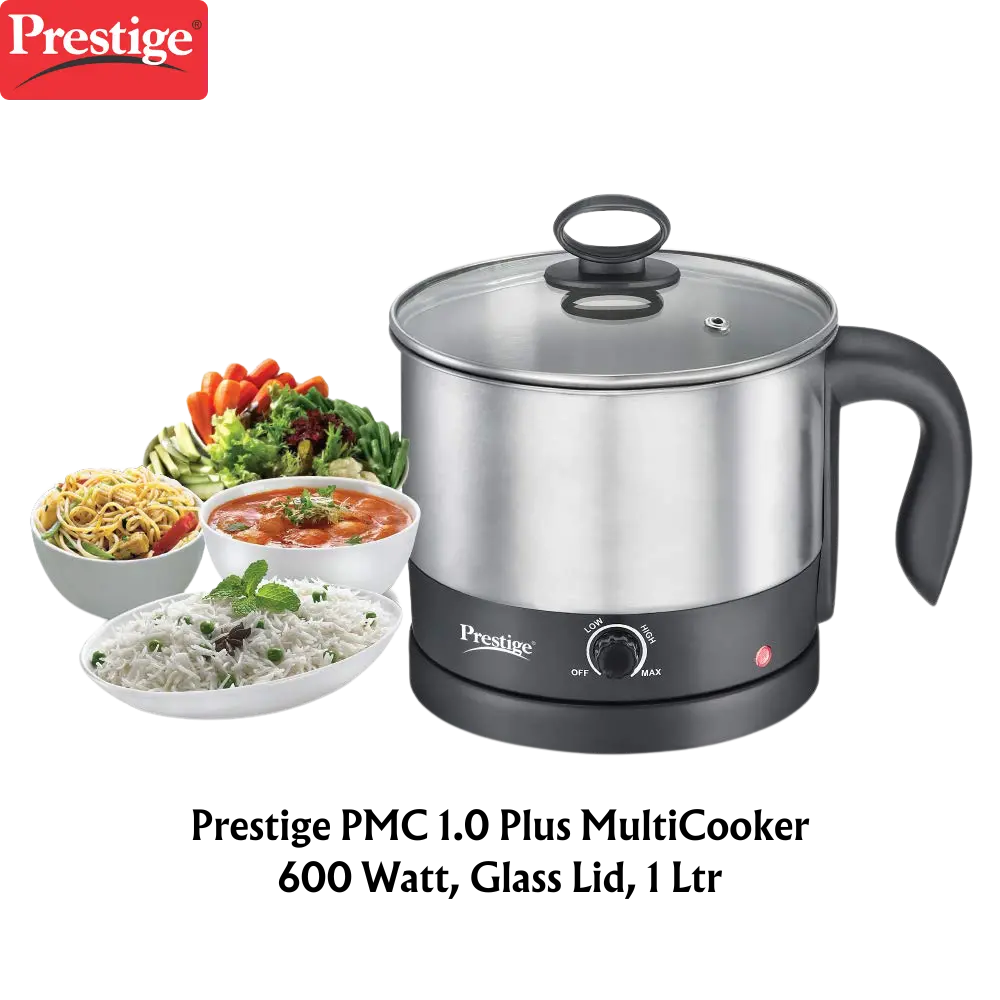 Prestige Pmc 1.0 Plus Multicooker 600 Watt, Glass Lid, 1 Ltr (Silver, Black) 1