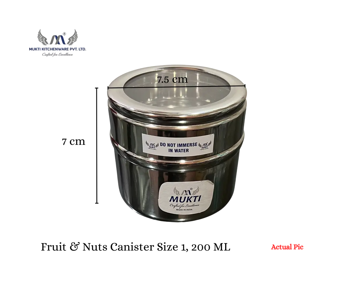 Mukti Stainless Steel Premium Fruit & Nuts Food Storage Canister | Multipurpose  | Mirror Polish | See Thru Lid 1