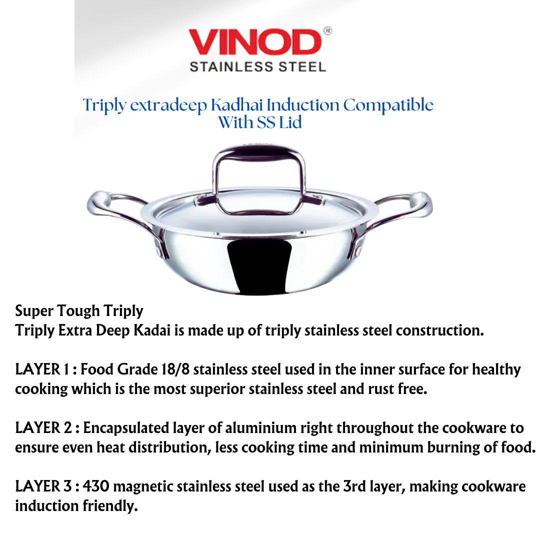 Vinod Platinum Triply Stainless Steel Extra Deep Kadhai With Stainless Steel Lid Silver (Induction And Gas Stove Friendly) 2