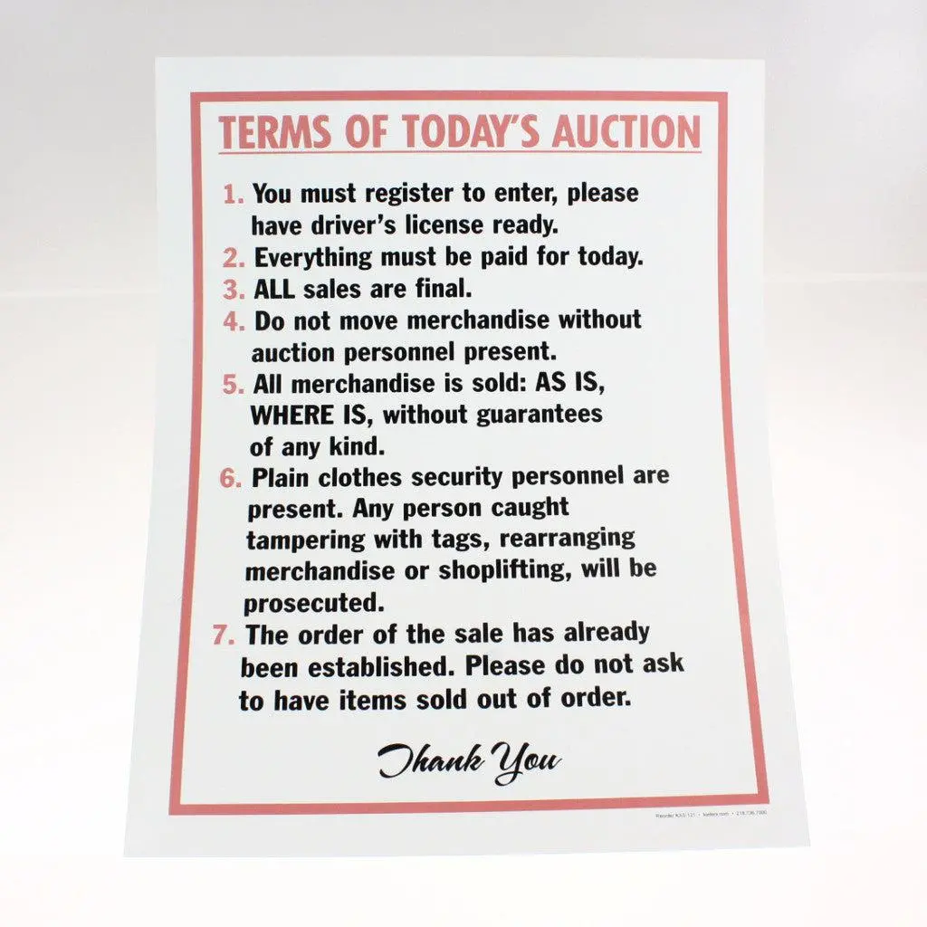 "Terms Of Today's Auction" - 12" X 18" Laminated Sign 1