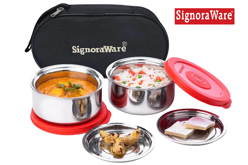 Signoraware Mid Day Double Wall/ Twin Wall (With 0.5 Mm Thickness) Both Steel Layers Steel Lunch Box, Set Of 2, 260 Ml+ 260 Ml, 2 Steel Cover Plates 1