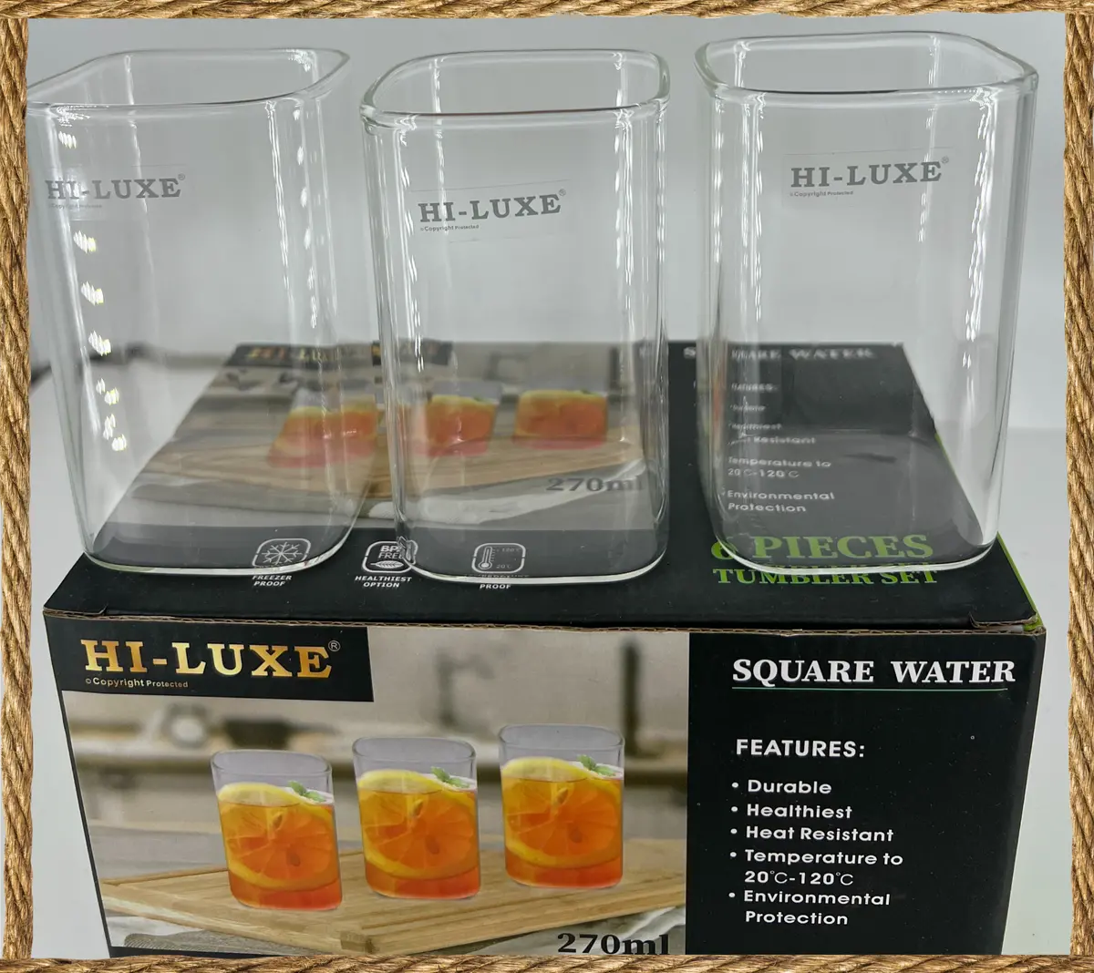 Hiluxe Ultra Light Borosilicate Square Water Glass | Set 6 | 270 Ml 1
