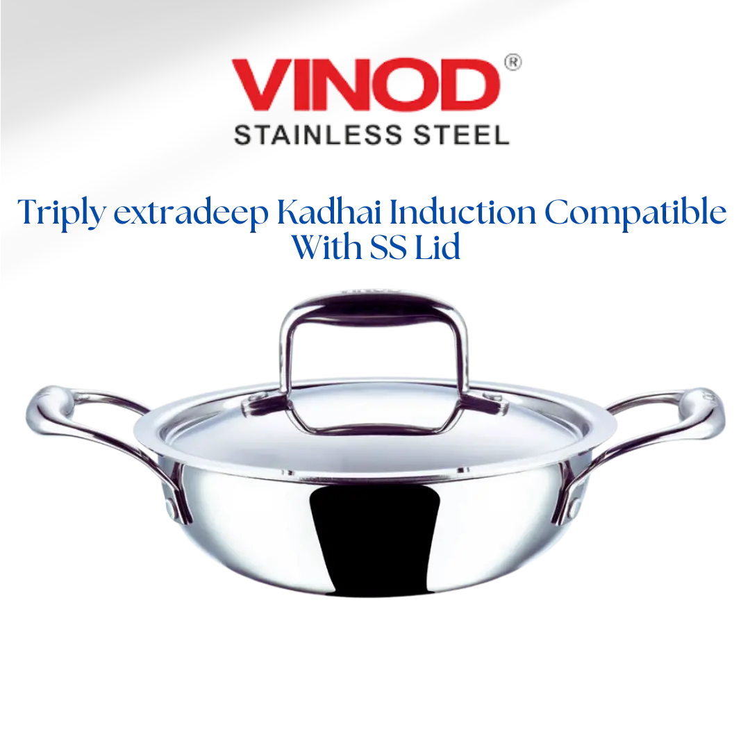 Vinod Platinum Triply Stainless Steel Extra Deep Kadhai With Stainless Steel Lid Silver (Induction And Gas Stove Friendly) 1