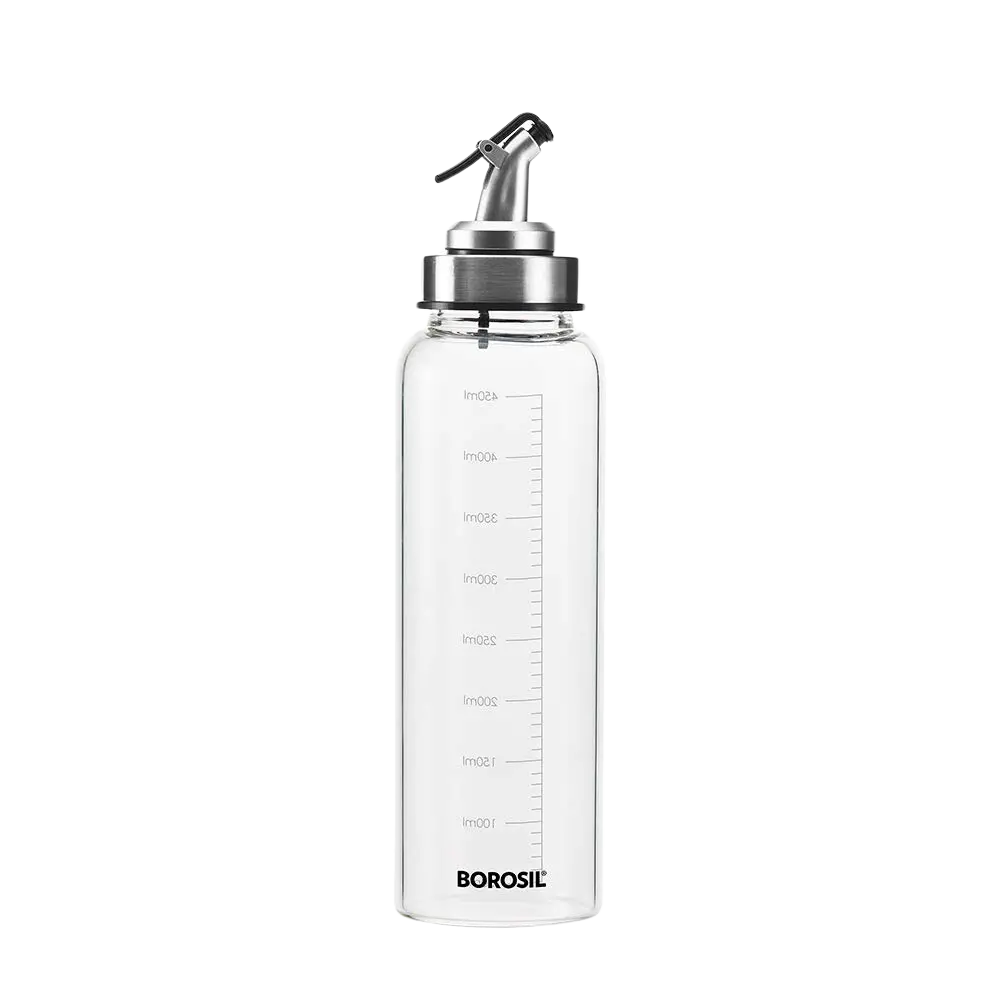 Borosil Transparent Borosilicate Glass Oil Dispenser | Light Weight | With Calibration Marks | Flame Proof, Drip Free Nozzle 1