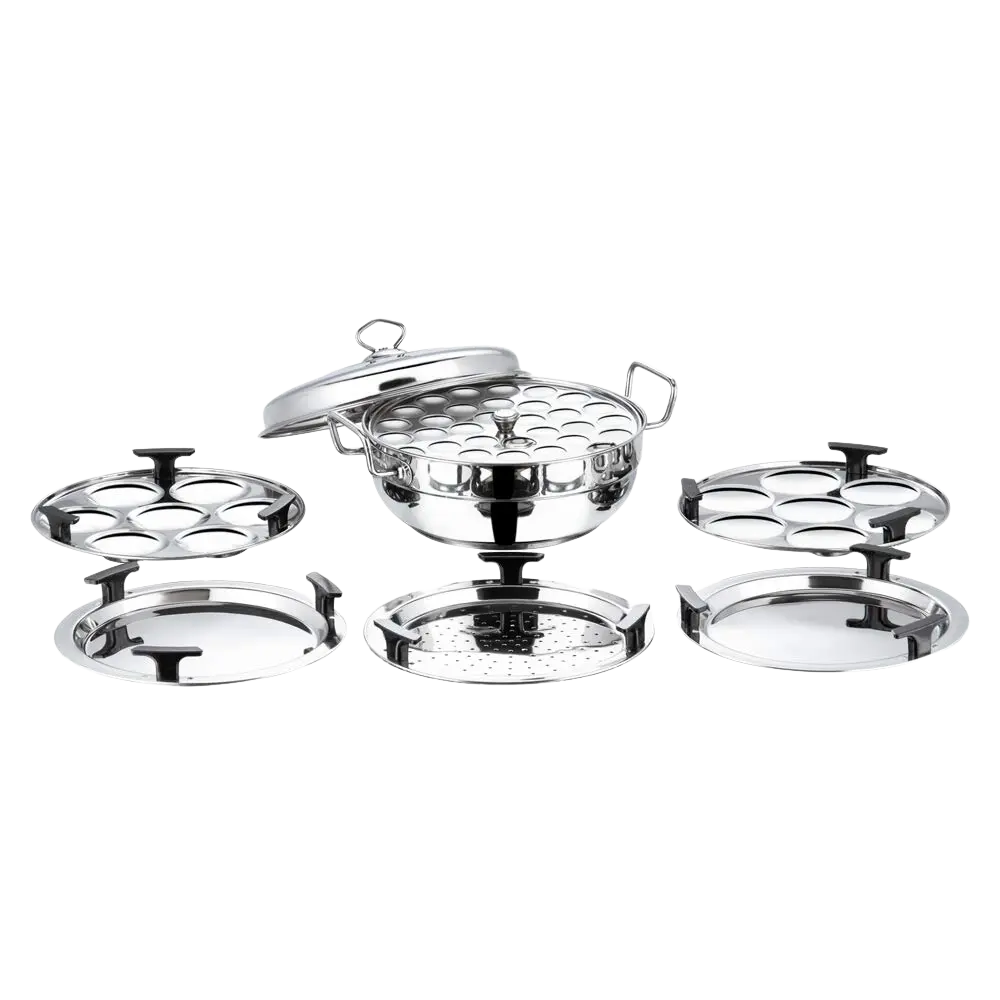Vinod Stainless Steel 7 Pcs Deluxe Multi Kadai (Induction Friendly) With Stainless Steel Lid, 2 Idli Plates, 2 Dhokla Plates, 1 Patra Plate And 1 Mini Idli Plate 1