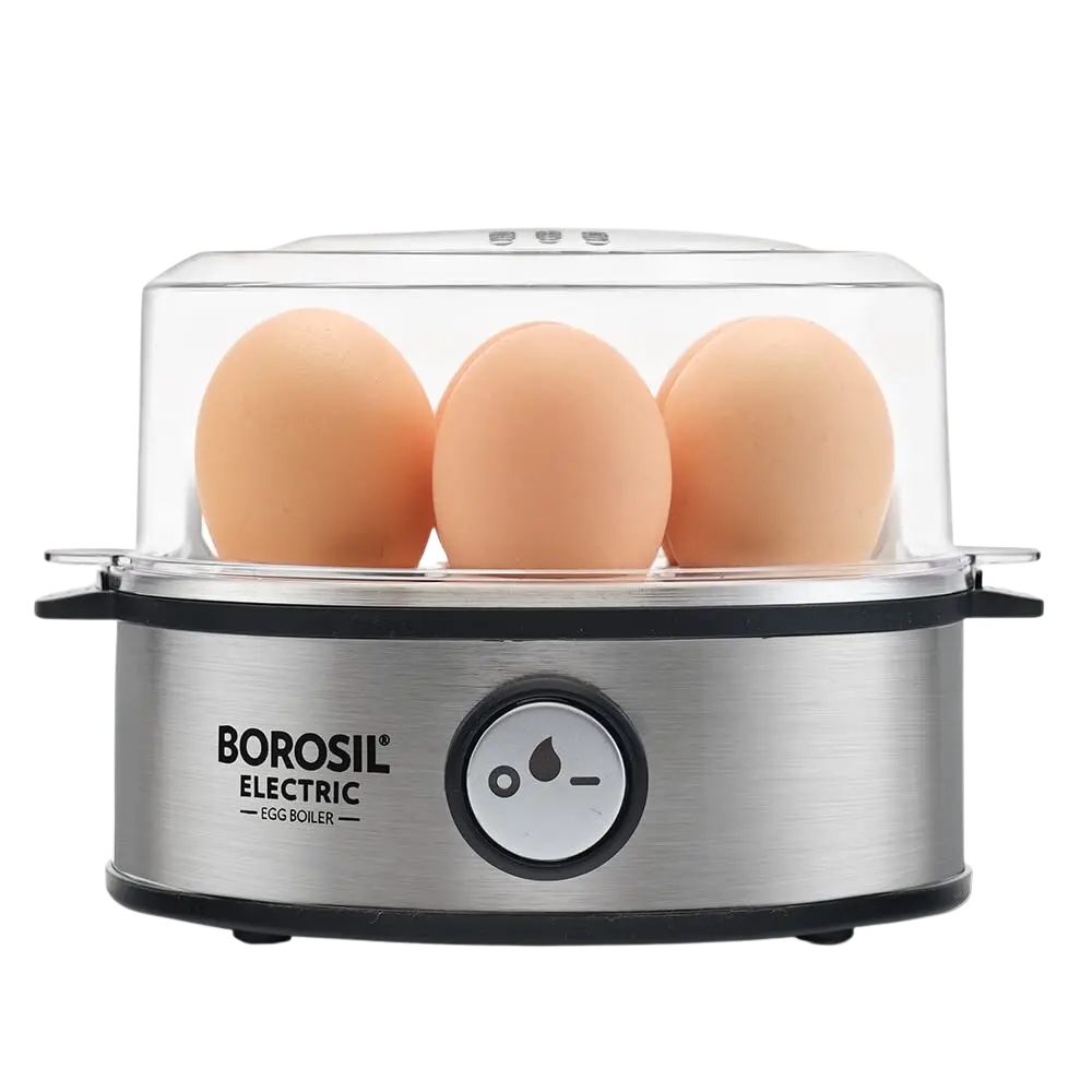Borosil Electric Egg Boiler, For Hard, Soft, Medium Boiled Eggs, Steamed Vegetables, Transparent Lid, Stainless Steel Exterior 1