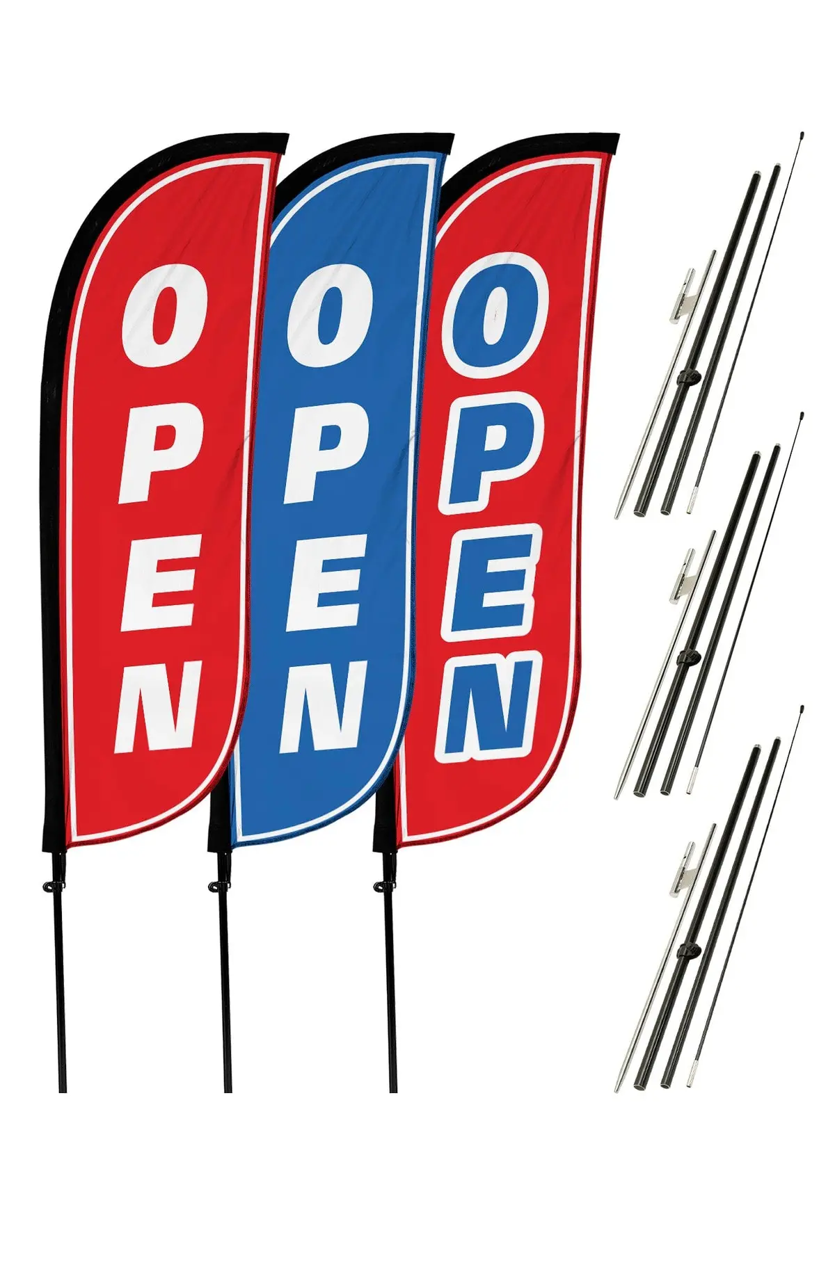 Open Feather Flag - Variety 3 Pack W/ Ground Spike Pole Set 1