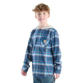 Youth Boys Long-Sleeve Flannel Button-Front Hooded Shirt - Dark Denim 1