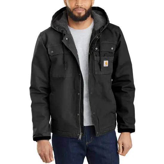 Men's Sherpa-Lined Utility Jacket - Relaxed Fit - Washed Duck, Black 1