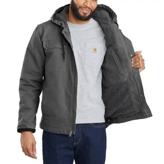 Men's Sherpa-Lined Utility Jacket - Relaxed Fit - Washed Duck, Black 4