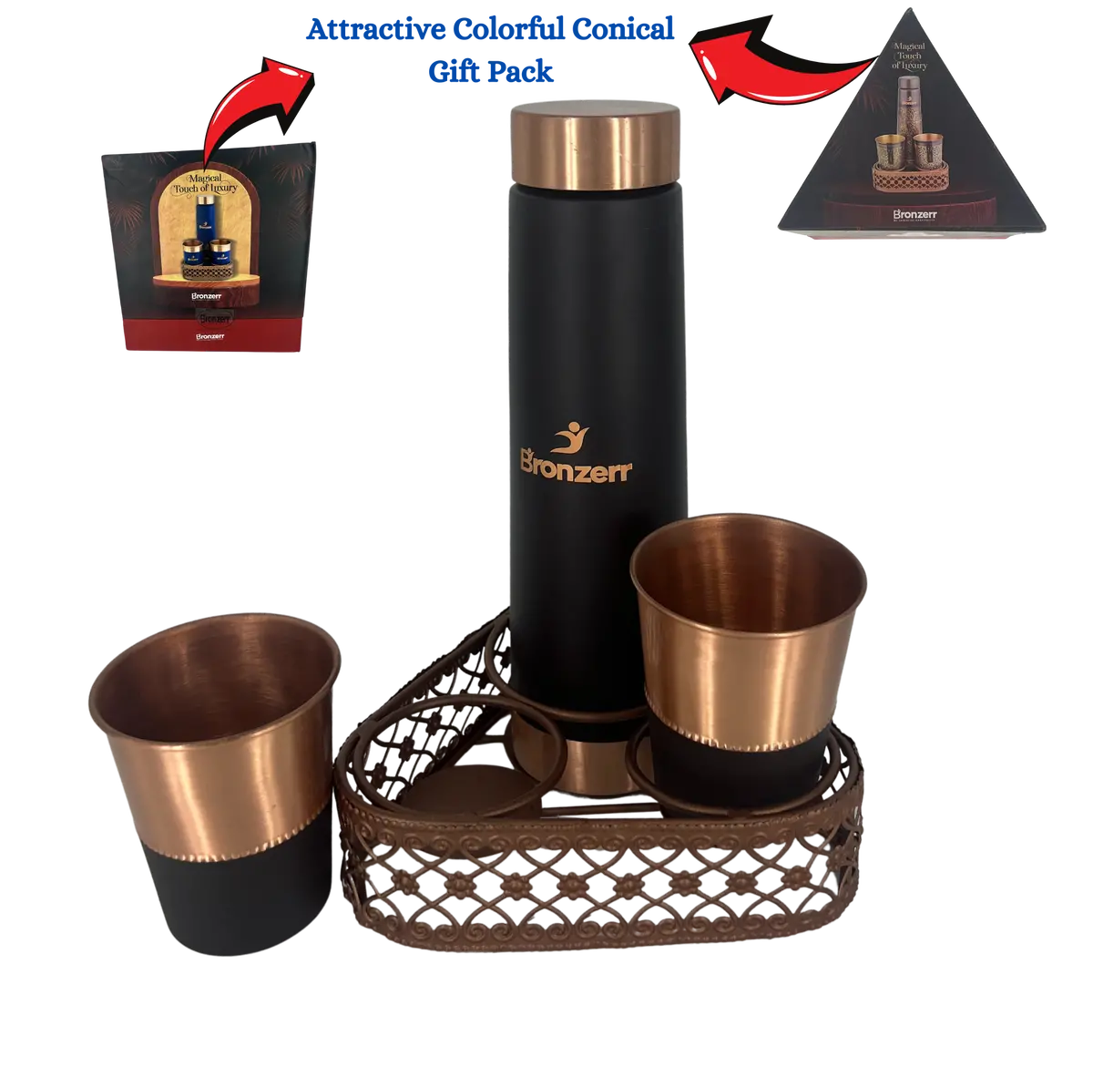 Bronzerr Copper Premium Bottle & Glass Set With Tray | Set 3 | Elegant | Special Conical Gift Box | Home | Gift 1