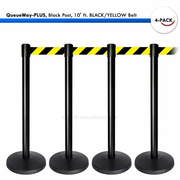 Kit: 4 Queueway-Plus Stantions, Black Post, 10' Ft. Black/Yellow Belt 1