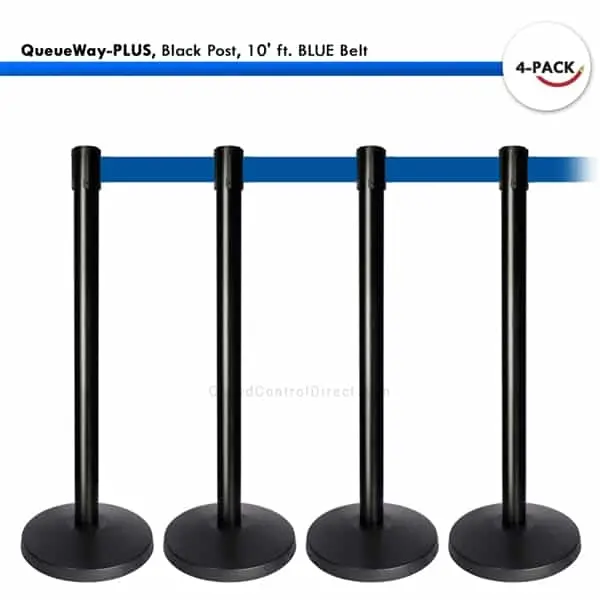 Kit: 4 Queueway-Plus Stantions, Black Post, 10' Ft. Blue Belt 1