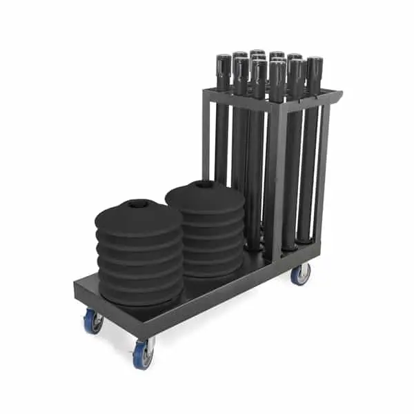 Kit: Premium Retractable Belt Stanchion - Black Steel Post With 15Lb Base & 7.5' Black Belt (12 Pack) With Cart 1