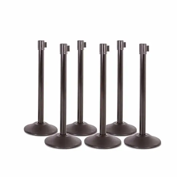 Kit: Premium Retractable Belt Stanchion - Black Steel Post With 15Lb Base & 7.5' Black Belt (6 Pack) 1