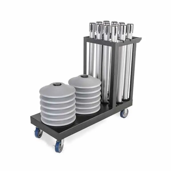Kit: Premium Retractable Belt Stanchion - Silver Powder Coated Steel Post With 15Lb Base & 7.5' Black Belt  (12 Pack) With Cart 1