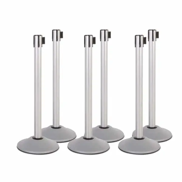 Kit: Premium Retractable Belt Stanchion - Silver Powder Coated Steel Post With 15Lb Base & 7.5' Black Belt (6 Pack) 1