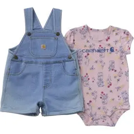 Infant/Toddler Girls Short Sleeve Bee Print Bodysuit/Shirt And Denim Shortall Set - Light Wash 1