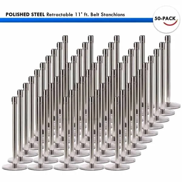 Pallette Of 50 Polished Steel Retractable 11' Ft. Belt Barriers 1