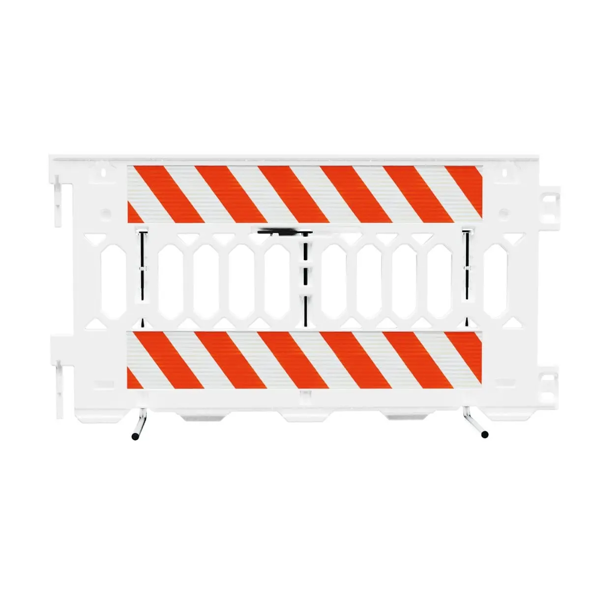 Pedestrian Barricade For Festivals Pathcade, 2008-W-Hiplr, White. Two Sections Of High Intensity Prismatic Grade Striped Sheeting On Both Sides Of The Barricade, Left/Right Top & Bottom Both Sides 1