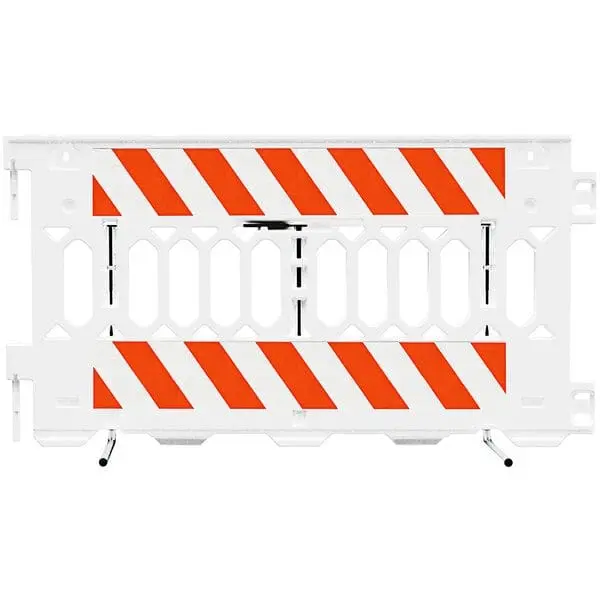 "Plastic Barricade With Reflective Strips Pathcade, 2008-W-Egl, White. Two Sections Of Engineer Grade Striped Sheeting On One Side Of The Barricade, Left Top & Bottom One Side" 1