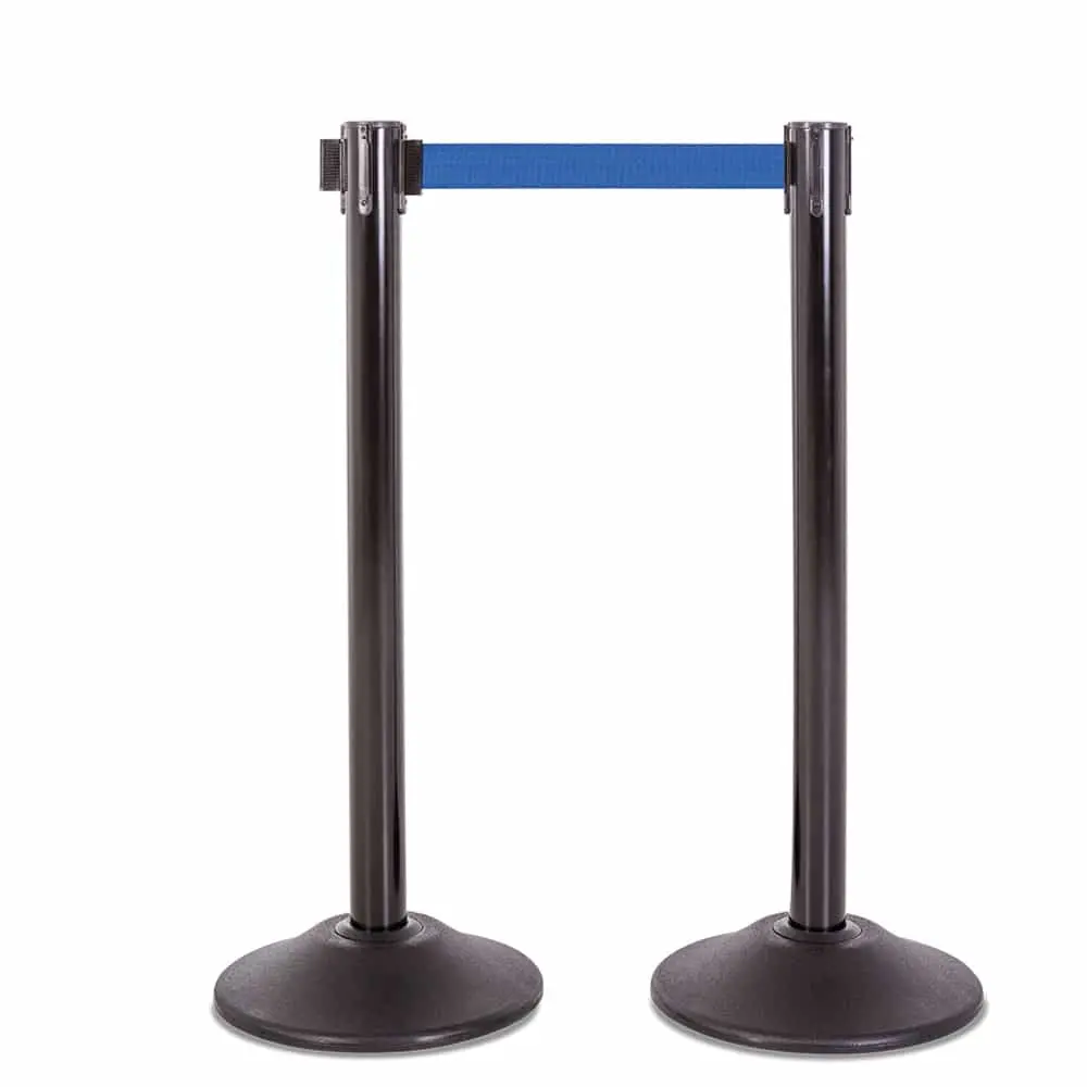 Premium Retractable Belt Stanchion - Black Steel Post With 15Lb Base & 7.5' Blue Belt (2 Pack) 1