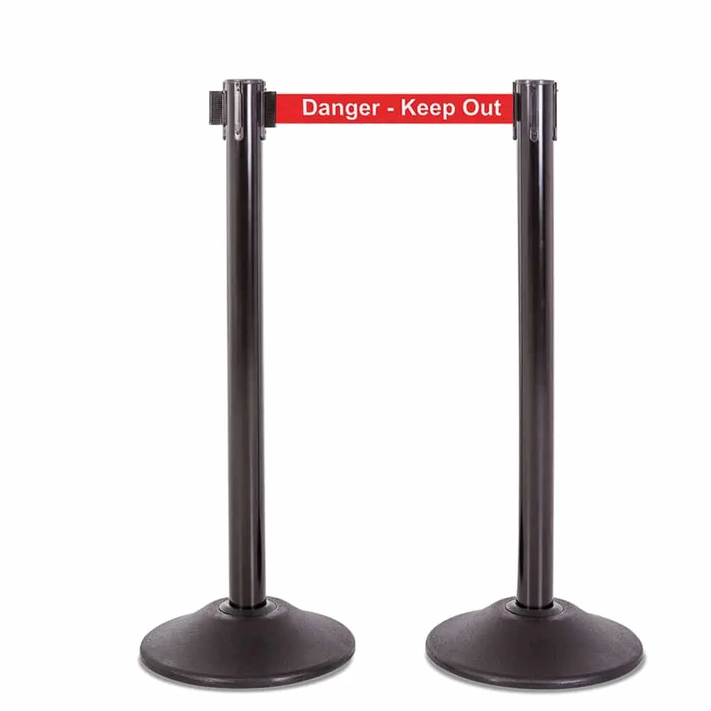 Premium Retractable Belt Stanchion - Black Steel Post With 15Lb Base & 7.5' "Danger - Keep Out" Belt (2 Pack) 1