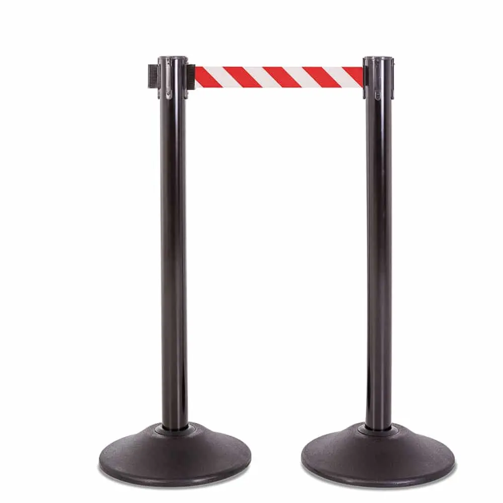 Premium Retractable Belt Stanchion - Black Steel Post With 15Lb Base & 7.5' Danger Red/White Chevron Belt (2 Pack) 1